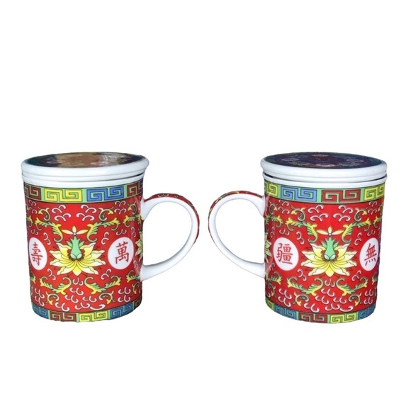 Eastern Asian Jingdezhen Red Longevity Lotus Porcelain Tea Infuser Lidded Cups - Picture 3 of 12